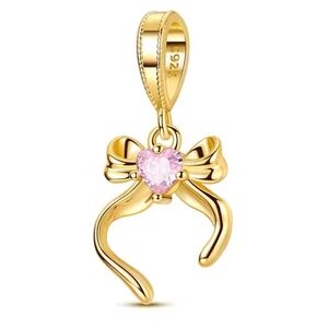 Gold Bow with Pink Diamond Heart Dangle Charm / Pendant Sterling Silver 925